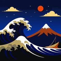 Massive Wave Rolling Towards Snowy Mountains at Dusk Scene vector