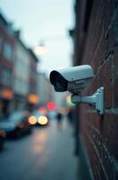 Security camera monitoring blurred city street at dusk photo