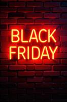 Neon black friday sign on brick wall with copy space photo