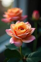 Peach roses blooming near window in soft sunlight photo