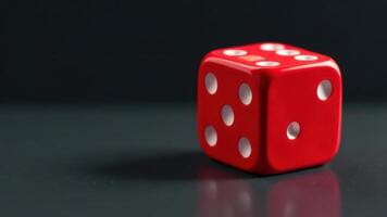 Red dice showing five on dark reflective surface photo