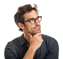 hombre con lentes pensando aislado en transparente antecedentes png