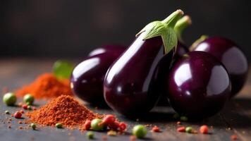 Fresh eggplants with red pepper and green peppercorns resting on wooden table photo