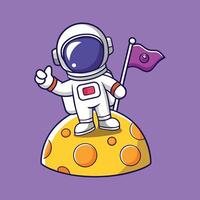 Cute Astronaut Holding Flag On Moon Cartoon Icon Design vector