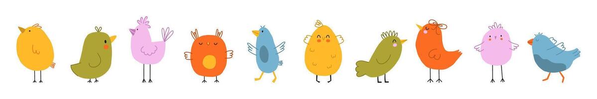 Set Simple Birds. Hand Drawn color birds on a white background vector