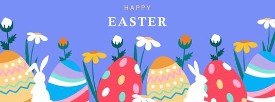 Happy Easter banner. Trendy and colorful design with Easter eggs and bunnies. vector
