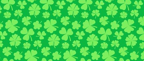 Pattern with green clover leaves on a green background. Festive background for St. Patrick's Day. vector