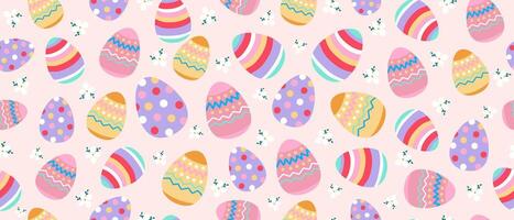 Easter seamless pattern with colorful eggs and flowers. Easter eggs cute illustration. vector