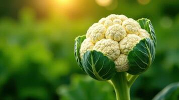 A close up of a cauliflower with green leaves photo