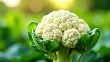 Cauliflower growing in vegetable garden with sunset light photo