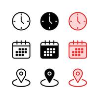 Clock icon. Calendar icon. Location icon. vector
