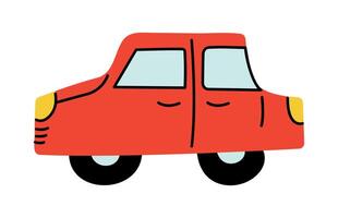 Red Car. Children drawing. Isolated on white background. Personal vehicle. Simple Automobile doodle. Primitive drawn Sedan from side. Wheeled transport, headlights. Color image. illustration vector