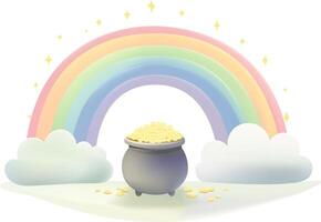 A horizontal image of a Rainbow with a Pot of Gold a bright, pastel rainbow arching and a pot of gold, Isolated on background. St. Patrick's Day concept. vector