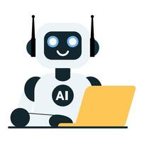 Cute robot with laptop flat illustration isolated on white background vector