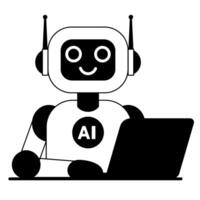Cute robot with laptop line illustration isolated on white background vector