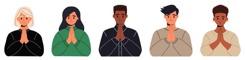 People of different nationalities, genders and ages folding their hands in a prayer gesture and asking for forgiveness vector