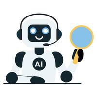 Cute chat bot sits at table and holds magnifying glass vector