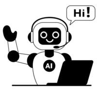 Cute chat bot robot with laptop waving HI vector