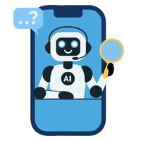 Cute chat bot is holding a magnifying glass on mobile screen vector
