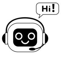 Linear black and white illustration of a chat bot head saying HI vector