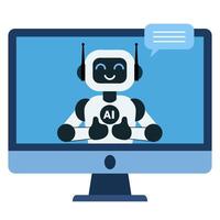 Cute robot shows thumbs up on monitor screen flat illustration isolated on white background vector