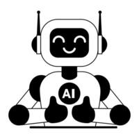Cute robot shows thumbs up line illustration isolated on white background vector