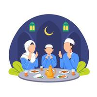 Break Fasting activity. Happy Iftar Concept with Various Muslim Family Having Meal Together with Family. vector