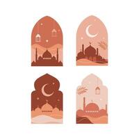 aesthetic brown illustration of moon, mosque, lantern, window, frame, background, ornament, for ramadan banner vector