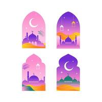 aesthetic modern style Ramadan Mubarak colorful designs. backgrounds with moon, mosque, dome and lanterns vector
