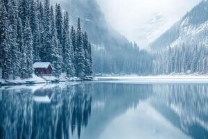 A red cabin sits on the shore of a lake surrounded by trees photo