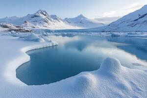 A lake surrounded by snow and ice in the mountains photo