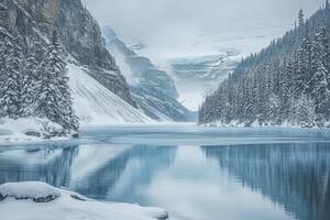 A lake surrounded by snow covered trees and mountains photo