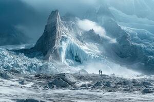 A man standing in front of a large mountain with ice photo