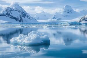 Icebergs floating in the water near mountains photo