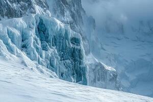 A person skiing down a snowy mountain with ice on the side photo