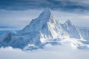 A mountain is covered in snow and clouds photo