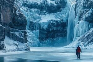 A man standing in front of a waterfall in the snow photo