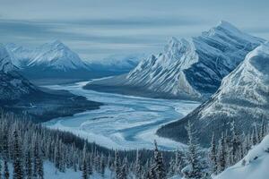 A view of a snowy mountain range with a river photo