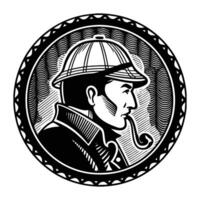 Detailed cameo silhouette of a man with a pipe, wearing a bowler hat, surrounded by a textured circular border vector