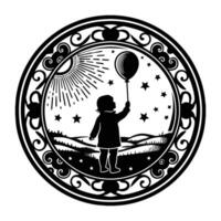 Silhouette cameo of a child holding a balloon, with soft contours and enclosed in a whimsical starry border vector