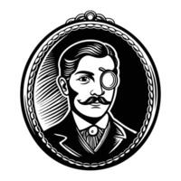 Victorian cameo featuring a silhouette of a man with a monocle and mustache, framed in a minimalist oval design with a vintage patina vector