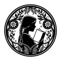 Cameo with a silhouette of a lady reading a book, her hair tied in a braid vector