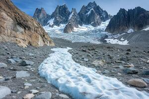 A glacier flows down a rocky mountain path photo