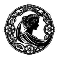 Silhouette of a regal woman with a tiara, draped in a flowing scarf, set in a highly detailed cameo frame inspired by the Rococo style vector