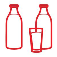 Minimalistic red line art illustration of two milk bottles and a glass, emphasizing dairy and beverages. Perfect for branding, labels, and design projects. vector