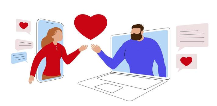 man and woman reach out to each other through a phone and laptop screen, connected by a big red heart and speech bubbles with messages. Romantic online connection concept vector