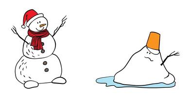 cheerful whole snowman stands beside a melting snowman, on a puddle. Contrasting emotions are shown. for New Year card, print, brochures, poster design vector