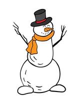 snowman with a black top hat, orange scarf, stick arms, a carrot nose, and a smiling face. The design is playful and simple for New Year card, print, brochures, poster design. vector