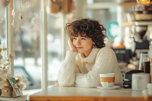 A woman sitting at a table with a cup of coffee photo