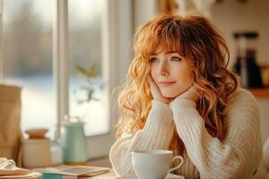 A woman with red hair sitting at a table with a cup of coffee photo